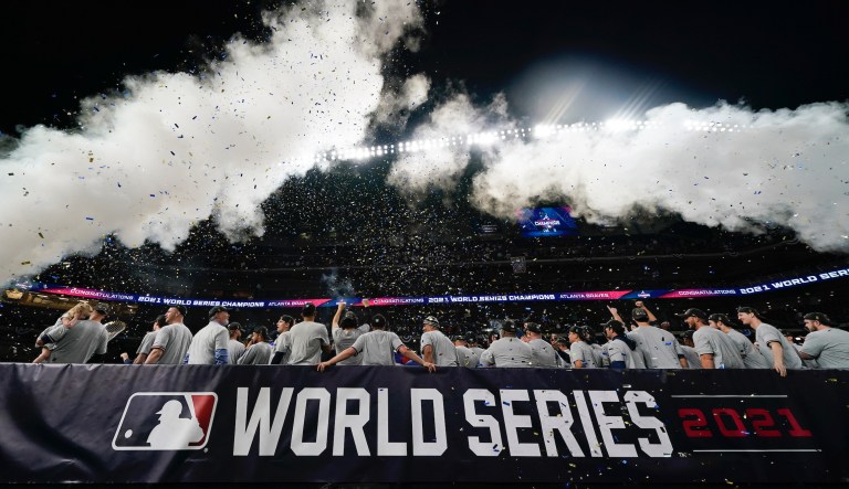 The Atlanta Braves celebrate after winning baseballâs World Series in Game 6 against the Houston Astros Tuesday, Nov. 2, 2021, in Houston. The Braves won 7-0.