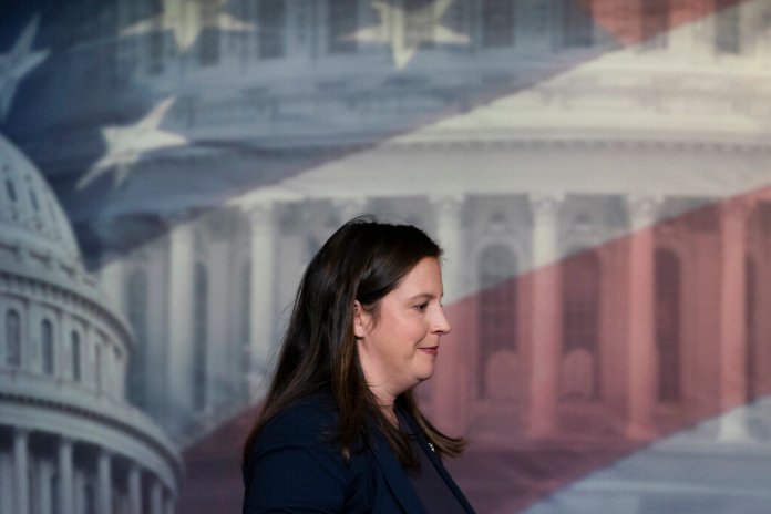 Rep. Elise Stefanik leaning against House Republican whip bid