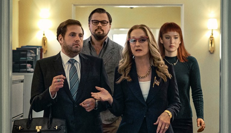 This image released by Netflix shows Jonah Hill, from left, Leonardo DiCaprio, Meryl Streep and Jennifer Lawrence in 