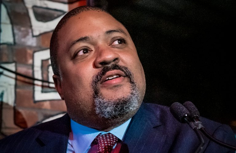 Alvin Bragg, incoming Manhattan District Attorney, speaks with supporters on election night in New York, Tuesday, Nov. 2, 2021.