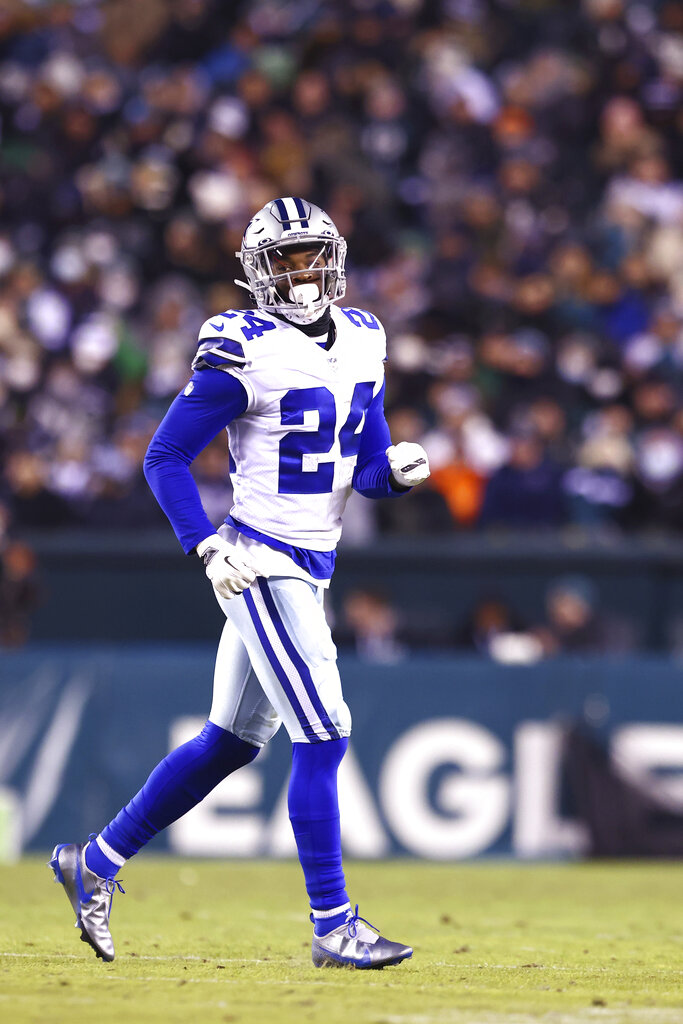Dallas Cowboys cornerback Kelvin Joseph (24) against the Philadelphia Eagles during an NFL football game, Saturday, Jan. 8, 2022, in Philadelphia.