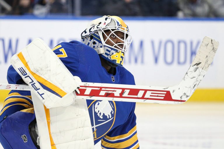 Buffalo Sabres goaltender Malcolm Subban (47) looks on during the second period of an NHL hockey game against the Tampa Bay Lightning on Tuesday, Jan. 11, 2022, in Buffalo, N.Y. 