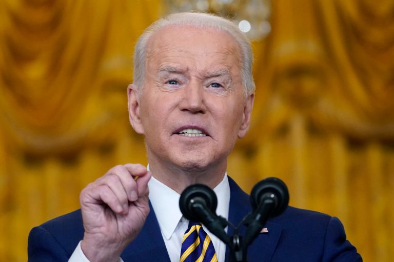 President Joe Biden speaks during a news conference in the East Room of the White House in Washington, Wednesday, Jan. 19, 2022.