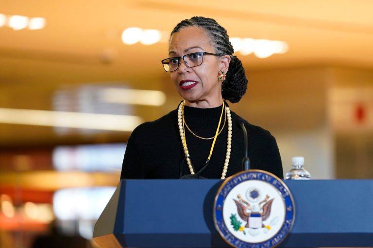 Ambassador Gina Abercrombie-Winstanley, a 30-year diplomat and the Chief Diversity and Inclusion Officer at the State Department, speaks during a ceremony at the State Department in Washington, Tuesday, Feb. 1, 2022.