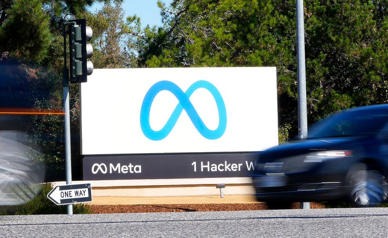 Facebook unveiled its new Meta sign at the company headquarters in Menlo Park, California, on Oct. 28, 2021. 