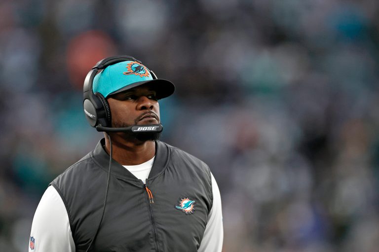 Miami Dolphins head coach Brian Flores at an NFL game on Nov. 21, 2021. The Pittsburgh Steelers hired Flores on Feb. 19, 2022, to serve as a senior defensive assistant. The hiring comes less than three weeks after Flores sued the NFL over alleged racist hiring practices following his dismissal by Miami in January.  