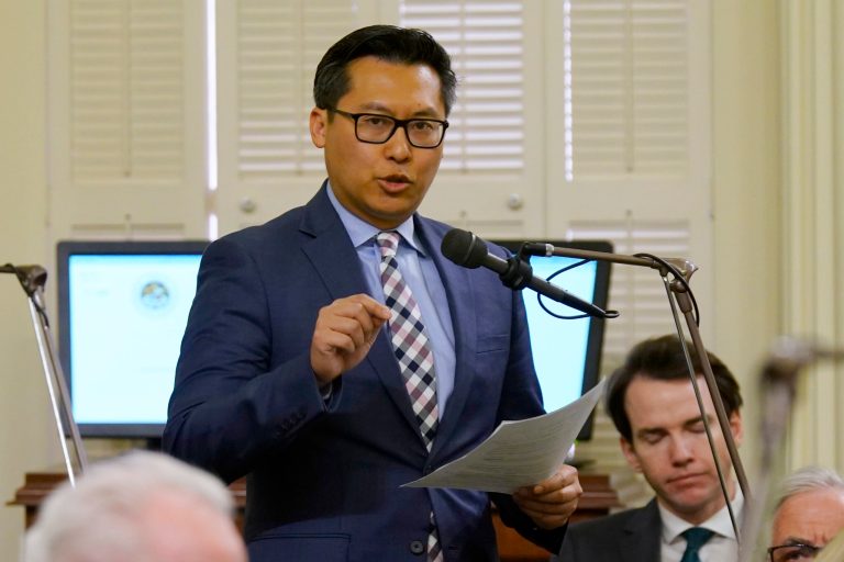 Republican Assemblyman Vince Fong calls on lawmakers to approve a bill to overturn a recent court ruling limiting enrollment at the University of California during an Assembly session on Monday, March 14, 2022, at the Capitol in Sacramento, California.