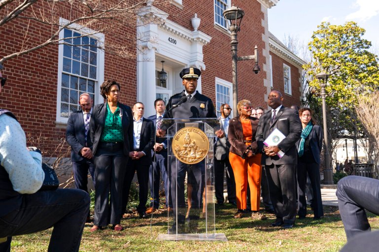 Washington Mayor Muriel Bowser, second from left, Washington Metropolitan Police Chief Robert Contee III, center, and Alcohol, Tobacco and Firearms Special in Charge of the Washington Field Division Charlie Patterson, second from right, speak during a news conference about the arrest of a suspect in a string of attacks on homeless people, Tuesday, March 15, 2022,  (AP Photo/Alex Brandon)