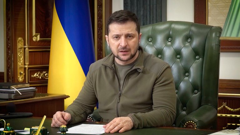 In this image from video provided by the Ukrainian Presidential Press Office and posted on Facebook, Ukrainian President Volodymyr Zelenskyy speaks in Kyiv, Ukraine, on early Wednesday, March 16, 2022. (Ukrainian Presidential Press Office via AP)
