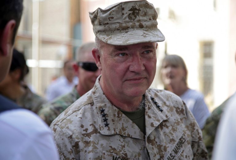 Now-retired Marine Gen. Frank McKenzie, the head of U.S. Central Command, attends a ceremony where Gen. Scott Miller, who has served as America's top commander in Afghanistan since 2018, handed over command, at Resolute Support headquarters, in Kabul, Afghanistan, July 12, 2021. 