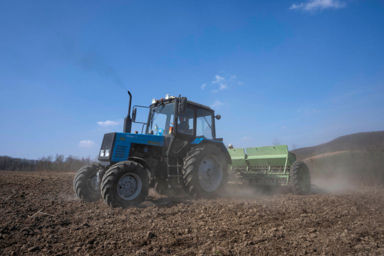 Workers plow wheat on the land belonging to Vasyl Pidhaniak, in Husakiv village, western Ukraine, Saturday, March 26, 2022. Planting season has arrived in Ukraine. Ukraine and Russia account for a third of global wheat and barley exports. (AP Photo/Nariman El-Mofty)
