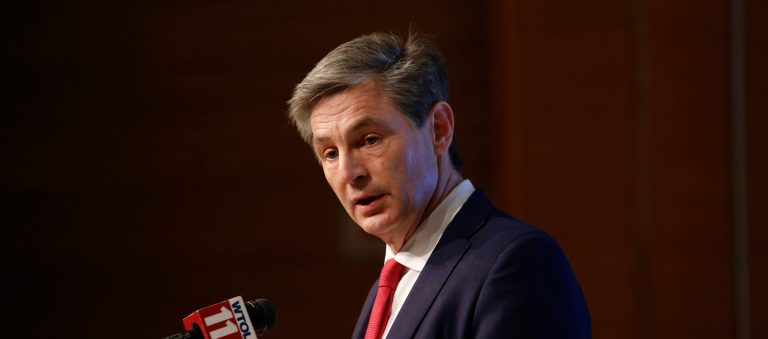 Ohio State Sen. Matt Dolan, a Republican running for an open U.S. Senate seat in Ohio, speaks to reporters following a debate with other Republicans at Central State University in Wilberforce, Ohio, Monday, March 28, 2022. 