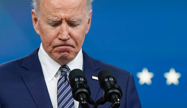 President Joe Biden pauses as he speaks with members of the press after speaking about his administrationâs plans to combat rising gas prices in the South Court Auditorium on the White House campus, Thursday, March 31, 2022, in Washington.