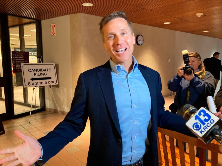 Former Missouri Gov. Eric Greitens gestures while speaking to reporters in Jefferson City on Tuesday, Feb. 22, 2022. Greitens is now a candidate for the Republican nomination for Senate. Several of his opponents called on him to resign last month after Sheena Greitens accused him of abusing her and their two sons.