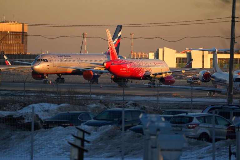 FILE - Aeroflot's passengers planes are parked at Sheremetyevo airport, outside Moscow, Russia, March 1, 2022.