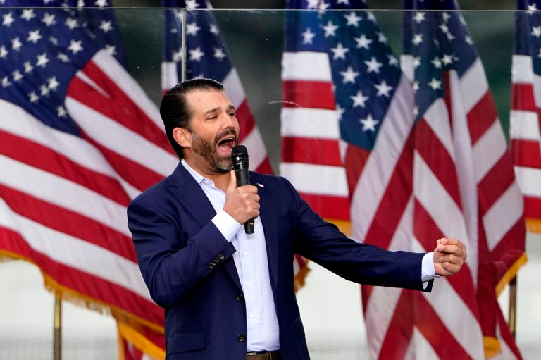 Donald Trump Jr. speaks at a rally in support of President Donald Trump on Jan. 6, 2021, in Washington. 
