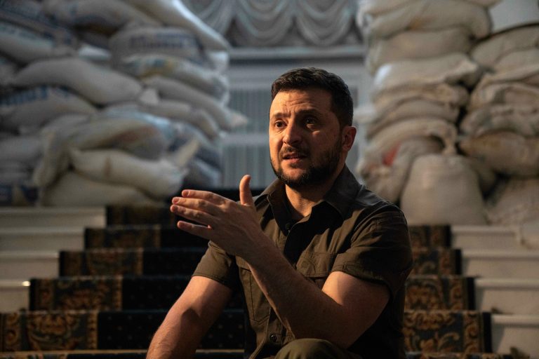 Zelensky-signed baseball auctioned off to support relief efforts in Ukraine Ukrainian President Volodymyr Zelensky speaks during an interview with the Associated Press in his office in Kyiv, Ukraine, on April 9, 2022.