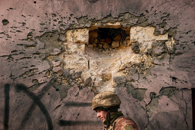 A Ukrainian serviceman in the frontline village of Krymske, Luhansk region, in eastern Ukraine, Feb. 19, 2022.