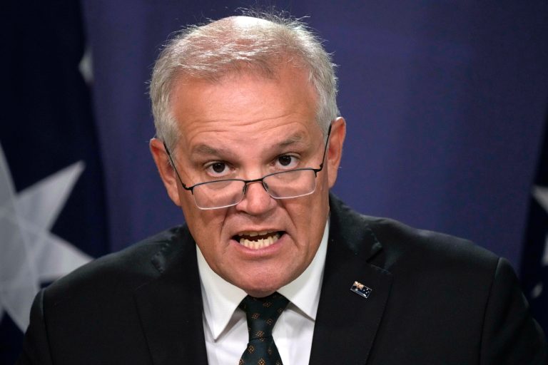 Australian Prime Minister Scott Morrison speaks at a news conference in Sydney, Australia, on Feb. 23, 2022. Australiaâs Minister for International Development and the Pacific Zed Seselja flew to the Solomon Islands on Tuesday in a bid to prevent a China military presence in the South Pacific Island nation. Australian Prime Minister Scott Morrison on Wednesday, April 13, confirmed Seseljaâs mission after the Solomons announced on April 1 that it had initialed a security pact with China.