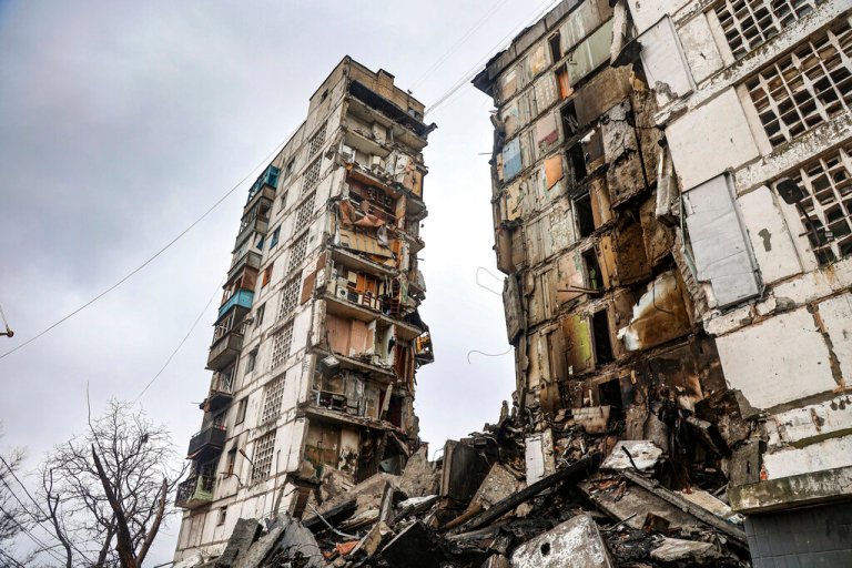 A building damaged during fighting is seen in Mariupol, Ukraine, on Wednesday.