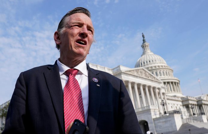 Arizona Republican Rep. Paul Gosar, waits for a news conference at the Capitol in Washington, on July 22, 2021. A judge in Phoenix on Wednesday, April 20, 2022, was considering whether to throw out a lawsuit against two Republican congressmen and a GOP state House member running to be Arizona's top election official that alleges they are ineligible for the November ballot because they participated in the Jan. 6, 2021, rally that ended with an unprecedented attack on Congress. 