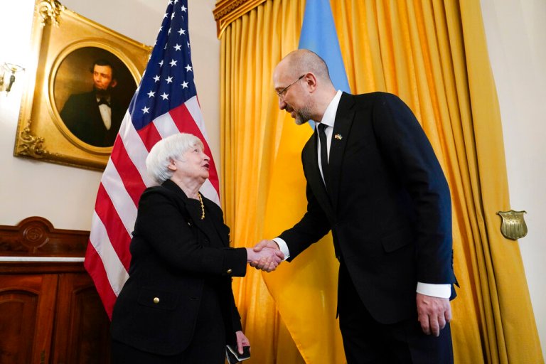 Treasury Secretary Janet Yellen with Prime Minister of Ukraine Denys Shmyhal at the Treasury Department in Washington, Thursday, April 21, 2022.