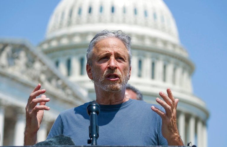 Entertainer and activist Jon Stewart speaks in support of legislation to expand benefits and improve care for veterans suffering from toxic exposure to burn pits and other hazards, at the Capitol in Washington, May 26, 2021.