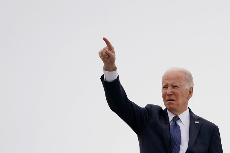 President Joe Biden gestures as he boards Air Force One at Delaware Air National Guard Base in New Castle, Del., Monday, April 25, 2022. 
