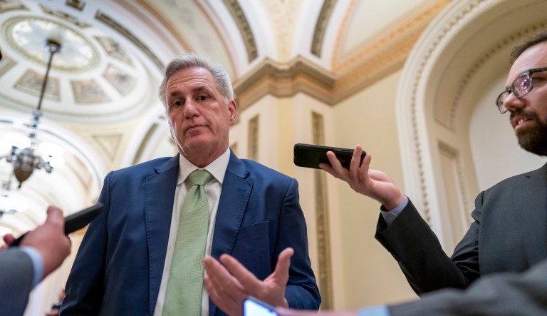 House Minority Leader Kevin McCarthy, R-Calif., talks to reporters at the Capitol in Washington, April 6, 2022. 
