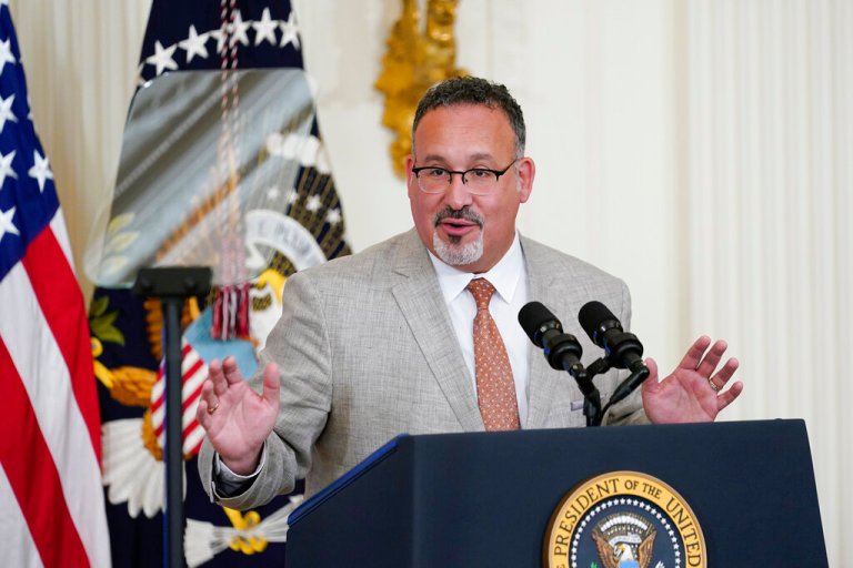 Education Secretary Miguel Cardona speaks during the 2022 National and State Teachers of the Year event in the East Room of the White House in Washington, Wednesday, April 27, 2022.