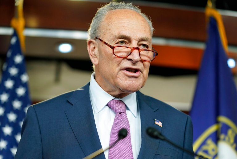 Senate Majority Leader Chuck Schumer of New York, speaks on Capitol Hill, April 28, 2022