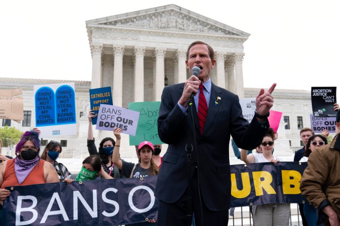 Sen. Richard Blumenthal, D-Conn., speaks outside of the Supreme Court Tuesday, May 3, 2022 in Washington in the wake of the leaked draft opinion suggesting the court could be poised to overturn the landmark 1973 Roe v. Wade case that legalized abortion nationwide.