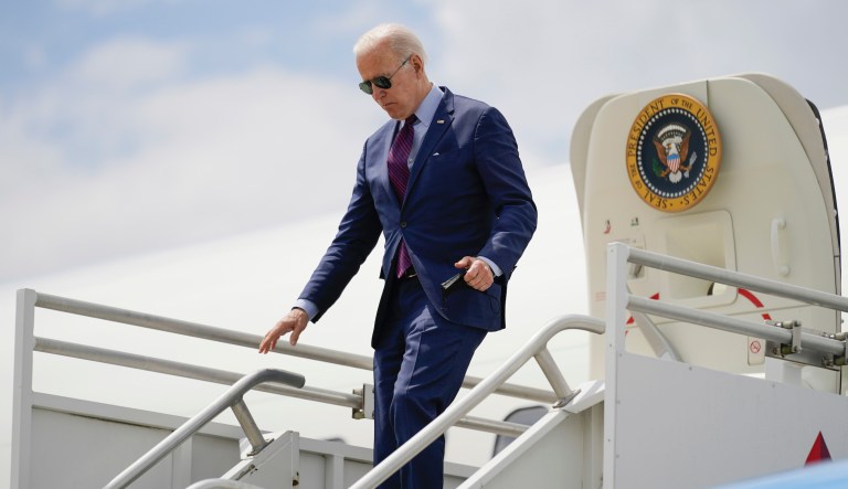 President Joe Biden arrives at Cincinnati/Northern Kentucky International Airport in Hebron, Ky., Friday, May 6, 2022.