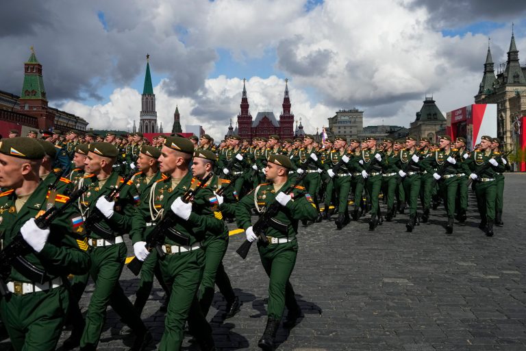 Russian servicemen march during the Victory Day military parade in Moscow.