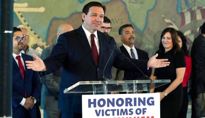 Gov. Ron DeSantis (R-FL) speaks at the Freedom Tower on Monday in Miami. DeSantis's campaign for reelection announced a new monthly fundraising record of nearly $10.5 million in April.