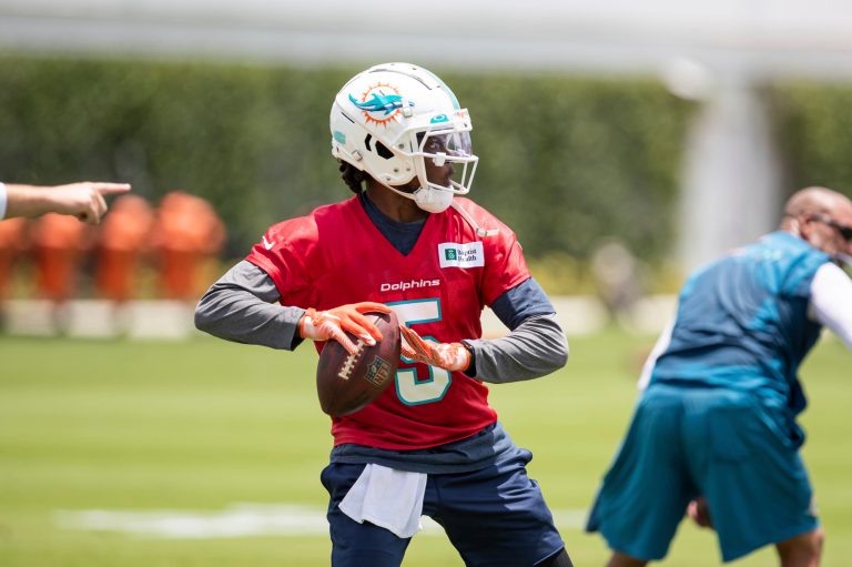 Miami Dolphins quarterback Teddy Bridgewater participates in the NFL team's practice in Miami Gardens, Florida, Tuesday, May 17, 2022.