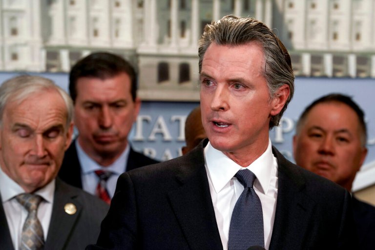 California Gov. Gavin Newsom appears at a press conference in Sacramento, California.