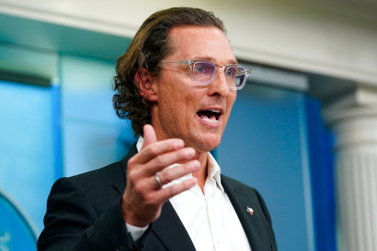 Matthew McConaughey, a native of Uvalde, Texas, talks about the mass shooting in Uvalde as he joins White House press secretary Karine Jean-Pierre for the daily briefing at the White House in Washington on June 7, 2022.