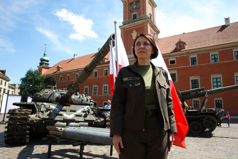 Former Deputy Minister of Defense of Ukraine Hanna Maliar during an opening of an open-air exhibition of damaged and burnt-out Russian tanks and armored vehicles in Warsaw, Poland, Monday, June 27, 2022. 