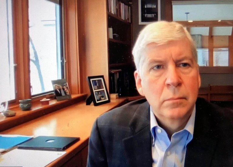 This screenshot from video shows former Michigan Gov. Rick Snyder during his Zoom hearing in the 67th District Court in Flint, Mich., on Jan. 18, 2020.