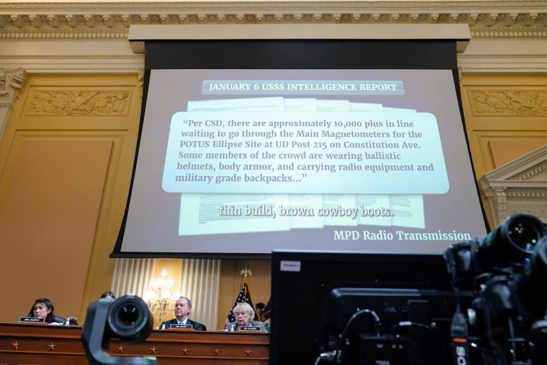 A exhibit of a Jan. 6 U.S. Secret Service intelligence report is displayed as Cassidy Hutchinson, former aide to Trump White House chief of staff Mark Meadows, testifies as the House select committee investigating the Jan. 6 attack on the U.S. Capitol continues to reveal its findings of a year-long investigation, at the Capitol in Washington, Tuesday, June 28, 2022. A senior Secret Service official said July 20, 2022 that agency employees received two emails, at least one prior to Jan. 6, 2021, reminding them to preserve records on their cellphones. (AP Photo/Jacquelyn Martin)