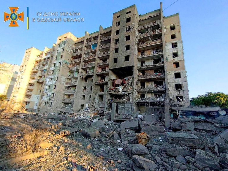 In this photo provided by the Ukrainian Emergency Service, a damaged residential building is seen in Odesa, Ukraine, early Friday, July 1, 2022, following Russian missile attacks. Ukrainian authorities said Russian missile attacks on residential buildings in the port city of Odesa have killed more than a dozen people.