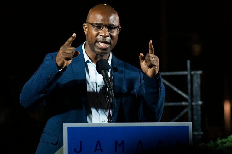 FILE - Jamaal Bowman speaks to attendees during his primary-night party on June 23, 2020, in New York.