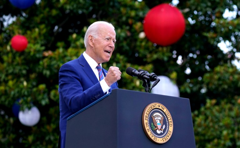 President Joe Biden speaks during an Independence Day celebration on the South Lawn of the White House, July 4, 2021, in Washington.