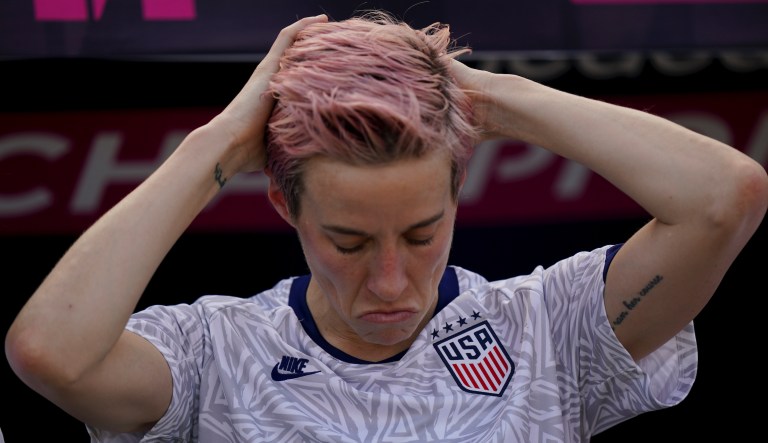United States' Megan Rapinoe sits on the bench prior to a CONCACAF Women's Championship soccer match against Haiti in Monterrey, Mexico, Monday, July 4, 2022.