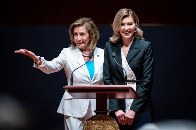 House Speaker Nancy Pelosi of Calif., introduces Olena Zelenska, the first lady of Ukraine, before she addresses members of Congress on July 20.