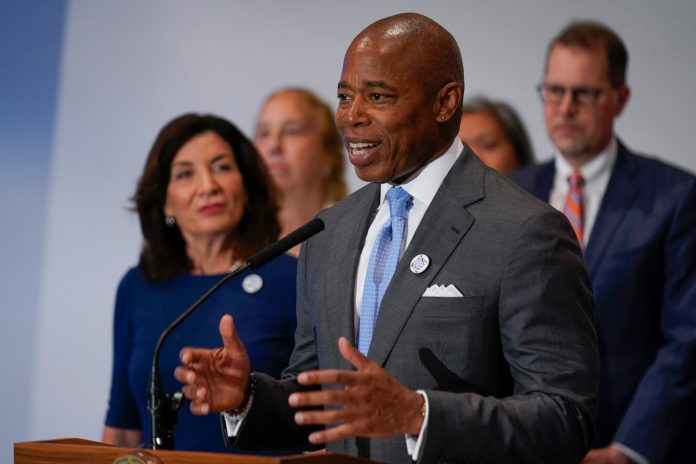New York City Mayor Eric Adams speaks during a news conference in New York, Thursday, July 21, 2022. Adams and other officials met with Democratic Party representatives as part of city's bid to host the 2024 Democratic National Convention.