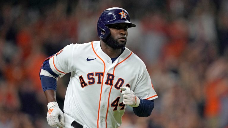 Houston Astros' Yordan Alvarez runs up the first base line after hitting a home run against the Texas Rangers during the seventh inning of a baseball game Wednesday, Aug. 10, 2022, in Houston.