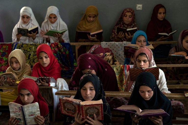 Afghan girls read the Quran in the Noor Mosque outside the city of Kabul, Afghanistan, on Aug 3, 2022. Maulvi Bakhtullah, the head of the mosque, said that the number of girls who come to this mosque to learn Quran has multiplied after the closure of public schools. For most teenage girls in Afghanistan, itâs been a year since they set foot in a classroom. With no sign the ruling Taliban will allow them back to school, some girls and parents are trying to find ways to keep education from stalling for a generation of young women. 