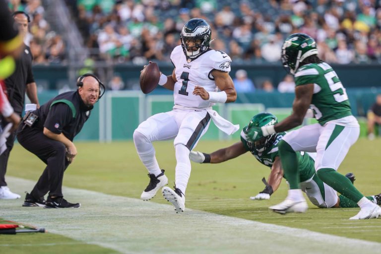 Philadelphia Eagles quarterback JALEN HURTS (1) in action during a preseason game between the Philadelphia Eagles and the New York Jets Friday, Aug 12, 2022, at Lincoln financial Field in Philadelphia, PA.